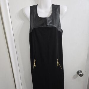 32) Black Dress with Vegan Leather and Gold Zipper Detail